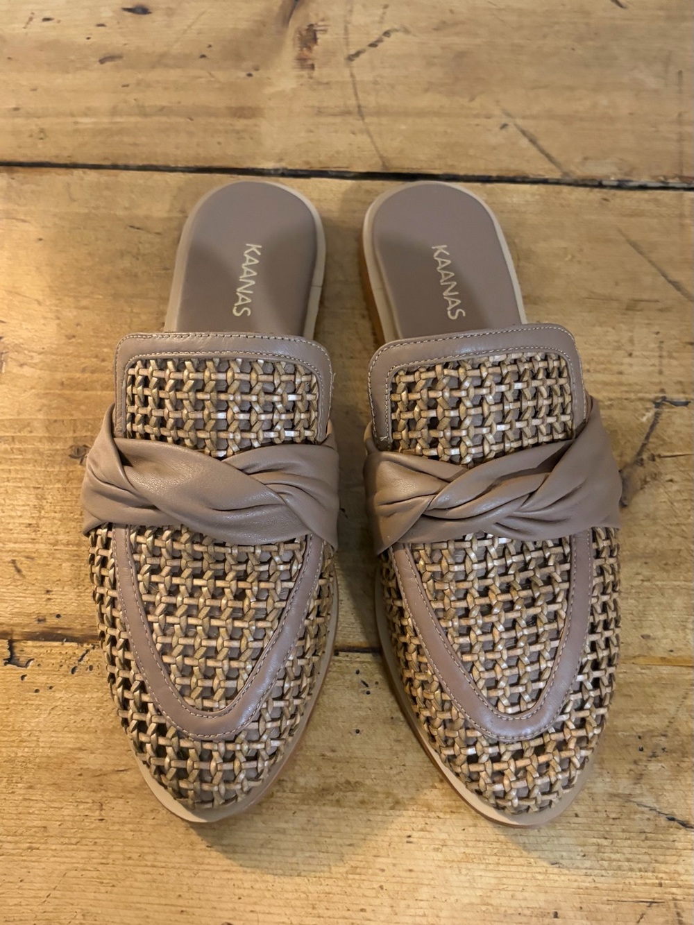 Kaanas Taupe Braided Woven Leather Slip-On Mules